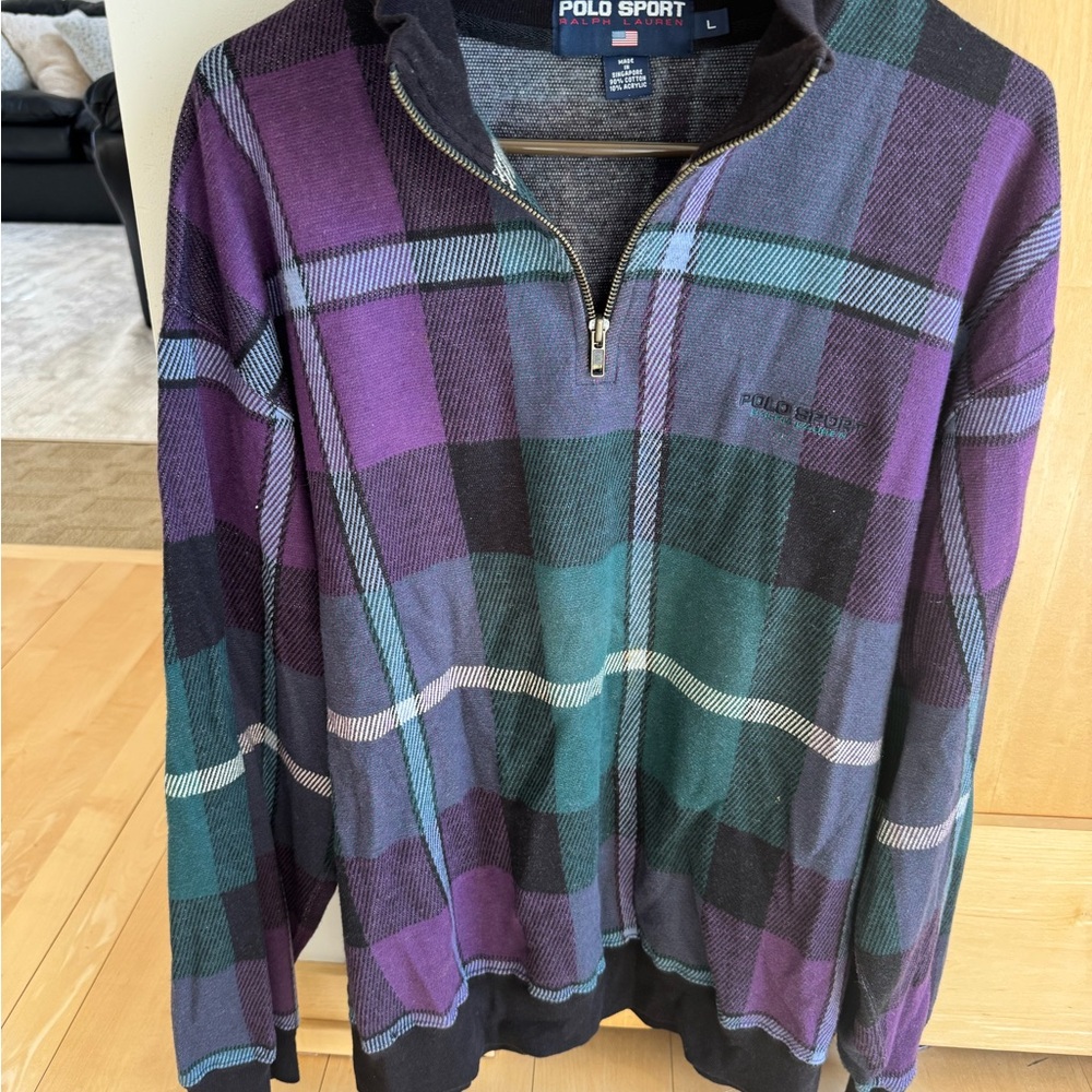Vintage Polo Sport by Ralph Lauren Men's Purple Plaid Sweatshirt